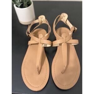 Women's sz 8 Frye Taylor Tan Leather Ankle Strap Thong Flats Sandals Buckle